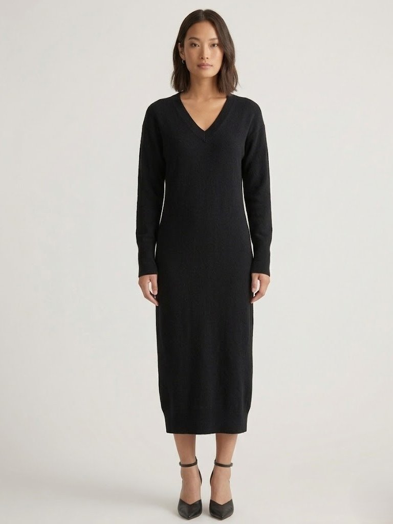 Nwt Quince Mongolian Cashmere V-Neck Midi In Black Sweater Dress L